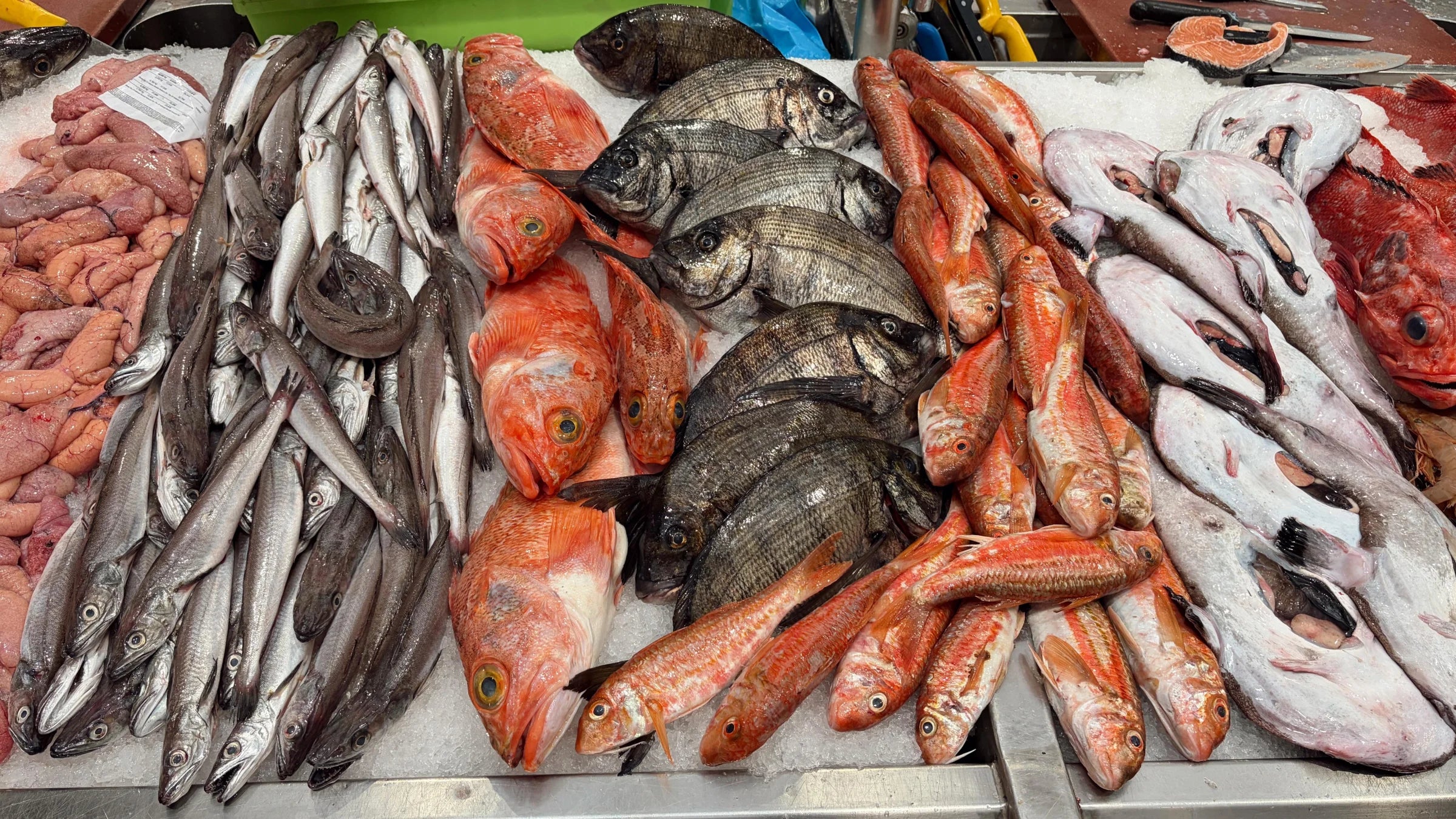 Mostrador con merluza, salmonetes y gamba roja