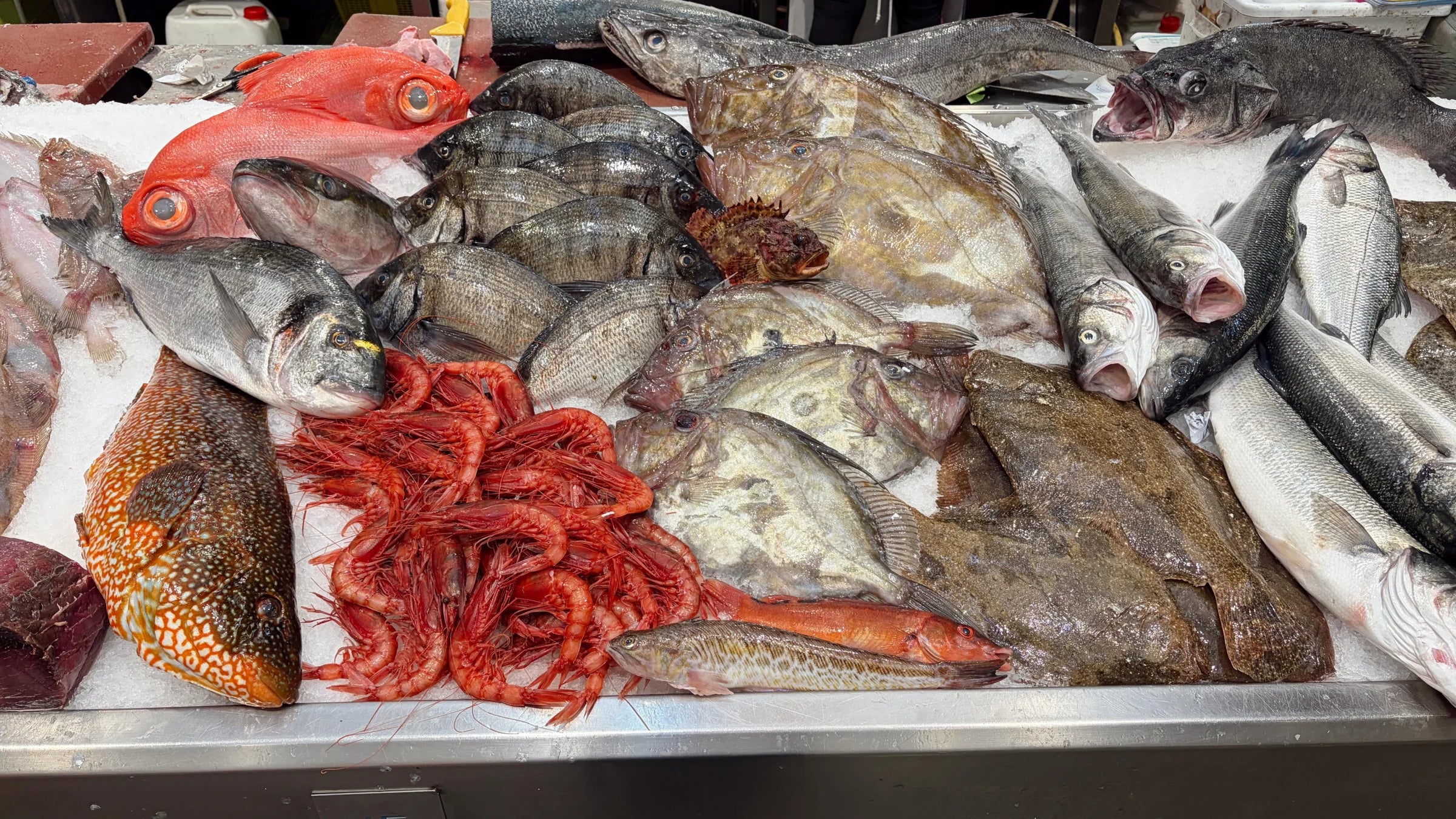 Mostrador con besugos, gallos y gamba roja en Cachadas